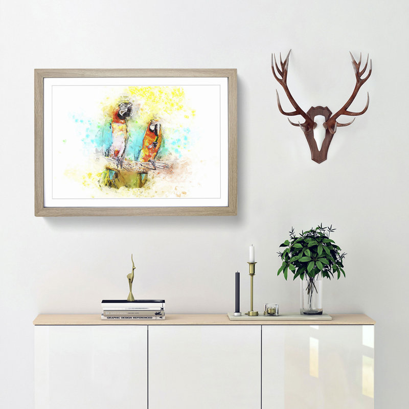 Two Macaw Parrots on a Branch in Abstract - Picture Frame Painting Print, Oak Framed, 27cm H x 36cm W x 2cm D