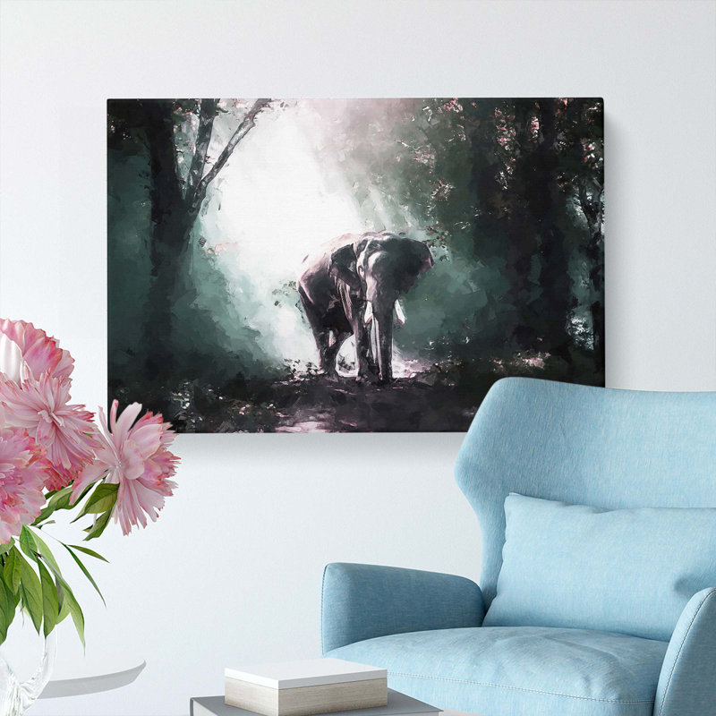 Elephant Roaming in a Green Forest in Abstract - Wrapped Canvas, 60cm H x 91cm W x 3cm D