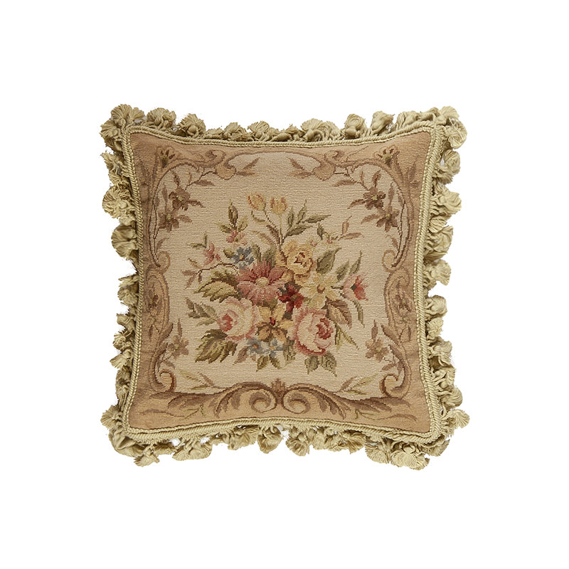 Needlepoint Fringed Reversible Throw Pillow, Brown Floral 5, Square 16"