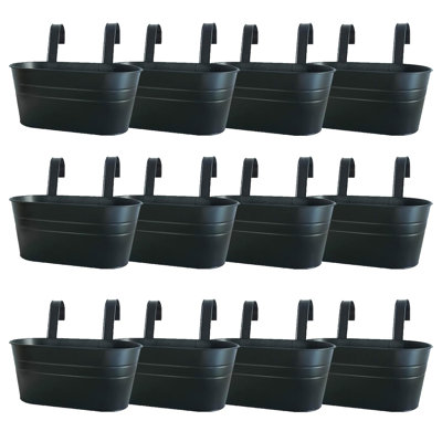 12 Pack Metal Railing Planters, 10.5" Oval Hanging Flower Pots with Detachable Hooks & Drainage Holes, Fits Rails up to 2.36", Galvanized Iron Fence Bucket for Balcony Garden Patio