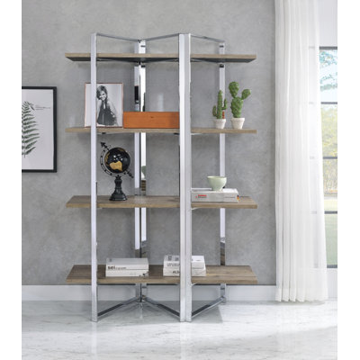 Chrome Finish Freestanding Etagere Bookshelf With 4 Open Wooden Shelves For Modern Home Decor And Storage