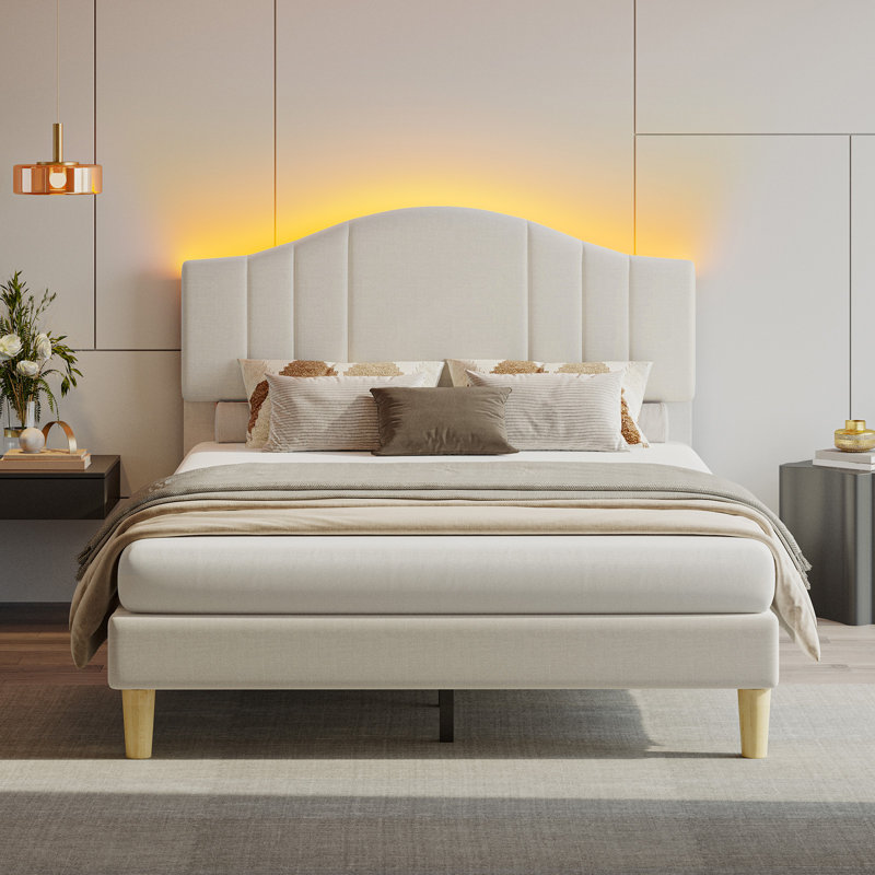 Full Size Beige Linen-Blend Upholstered Platform Bed Frame with LED Light and Height Adjustable Headboard, No Box Spring Needed