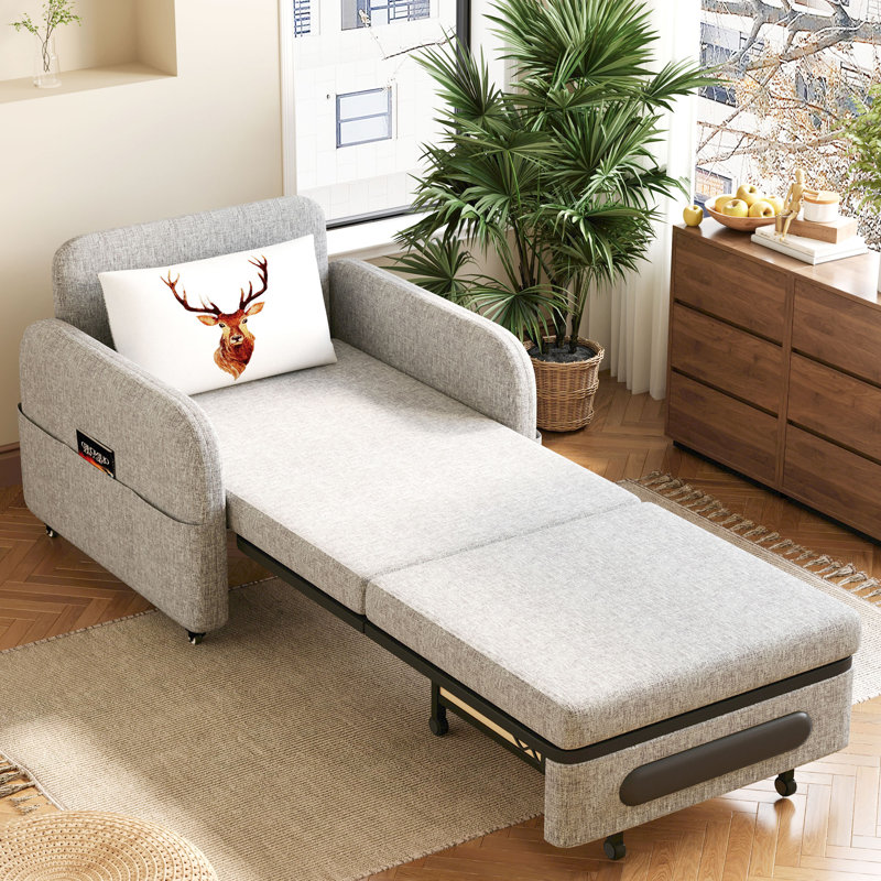 61.61"  W, 4-in-1 foldable sofa bed with adjustable backrest and side pockets, removable cotton-linen fabric, easy to move, suitable for RV small spaces