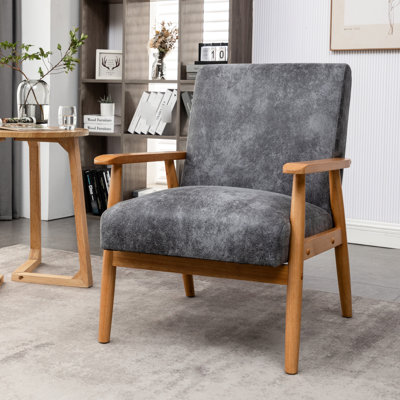 Fauteuil de style Mid-Century moderne de 24,97 po de largeur, accoudoirs en bois massif gris, facile à assembler et à nettoyer, siège en mousse confortable, fauteuil en microfibre élégant, attrayant, confortable et élégant