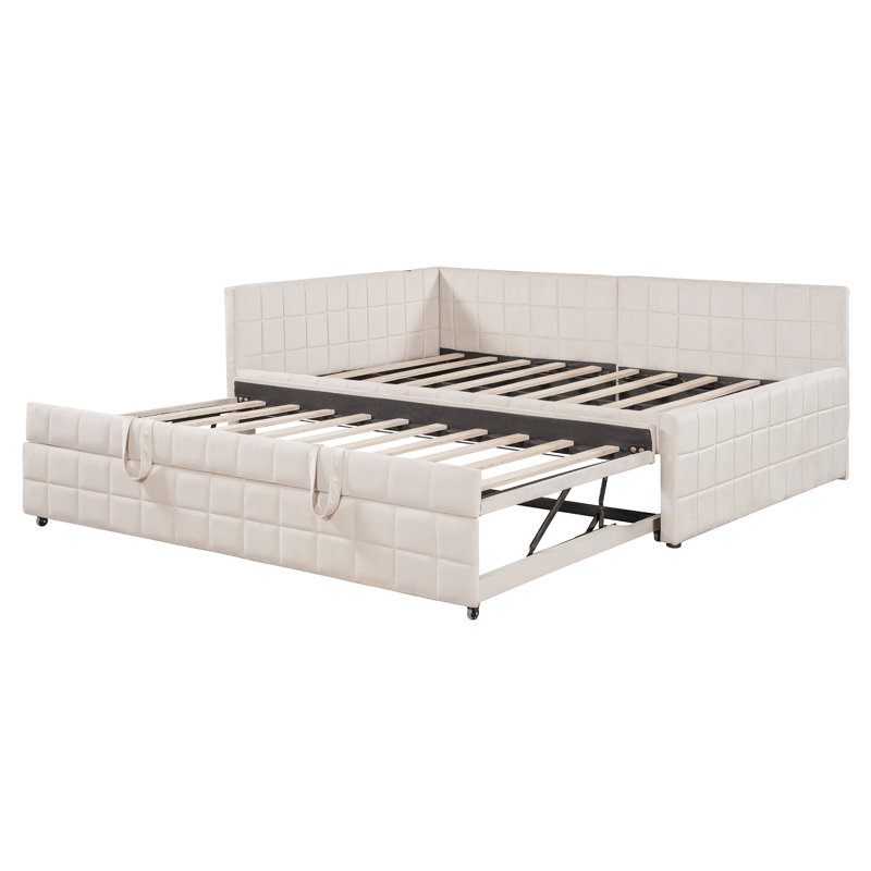 Lit de jour double rembourré en forme de L avec lit gigogne escamotable simple et ports USB, canapé-lit d'angle, Beige
