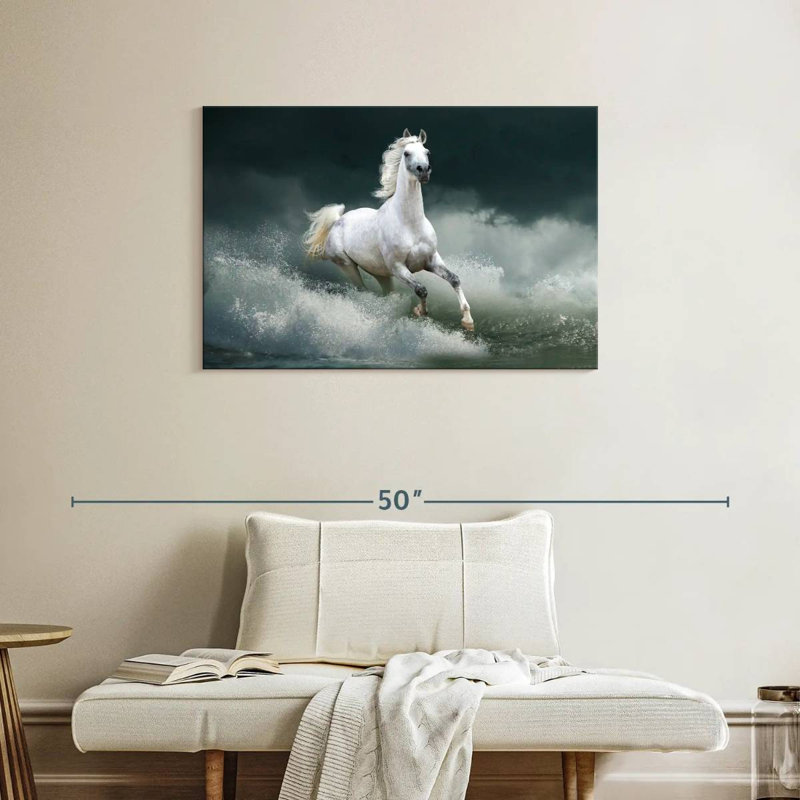 Brampt cheval qui court sauvage sur l'eau, H 24 po x l 36 po