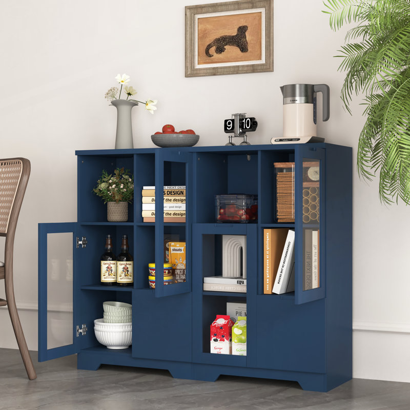 MDF painted Cabinet with Glass Doors and drawer, open storage space, Navy Blue ,Bedroom, Living room, Blue