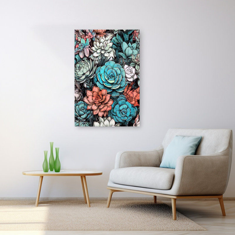 Bleu sarcelle et corail, H 48 po x l 32 po
