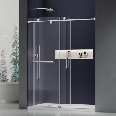 Porte de douche sans cadre, 56-60 po x 76 po, porte de douche coulissante simple, verre trempé de 5/16 po (8 mm) avec double revêtement nano, porte de salle de bain en verre facile à nettoyer et à accès - chrome brillant