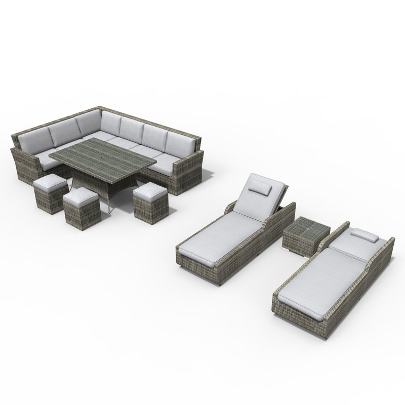 Ensemble de conversation modulaire en rotin 11 pièces avec coussins, Gris
