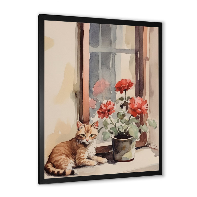 Décoration murale chat orange assis sur une fenêtre, Cadre simple noir, H 40 po x l 30 po x P 1,5 po