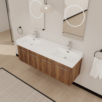 60 Inch Wall-Mounted Bathroom Vanity with Sink, Thick Edged Double Resin Sink
