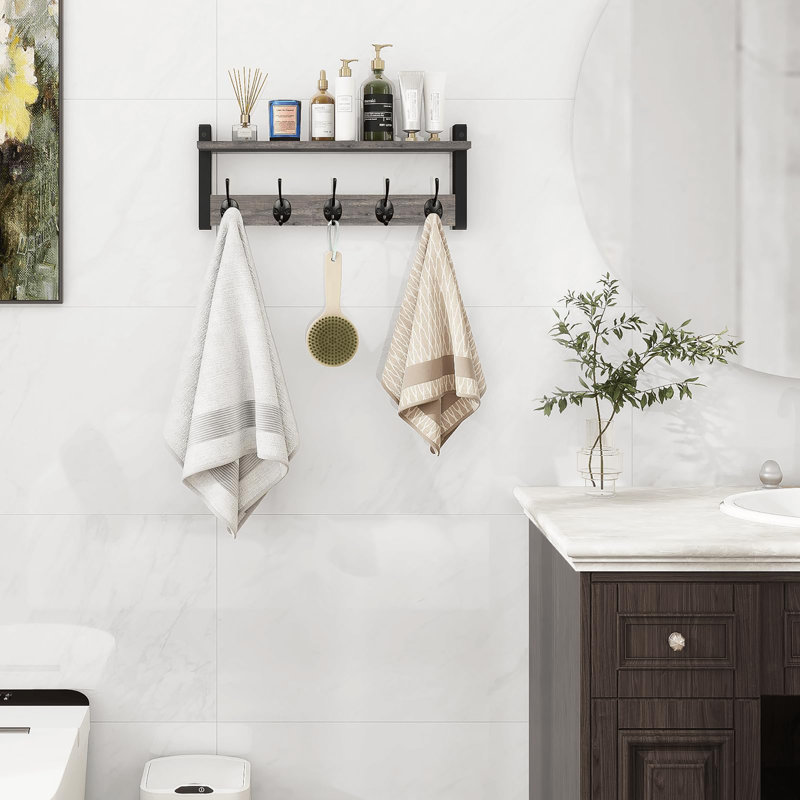 Portemanteau mural en bois avec tablette, Gris rustique