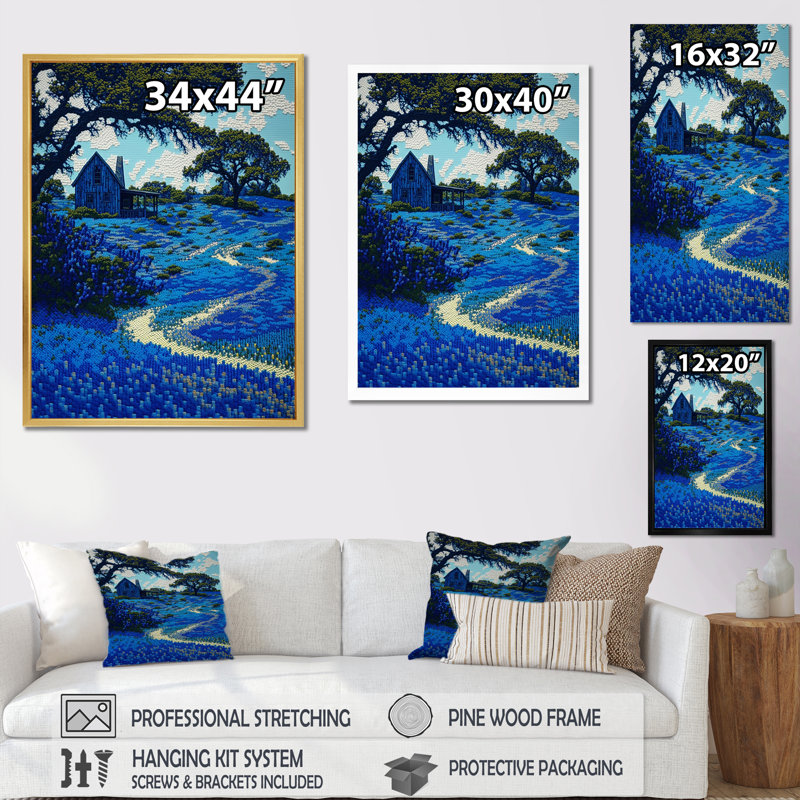 Bluebonnets in the Farm - reproduction sur toile, H 32 po x l 16 po x P 1 po, Cadre flottant brun