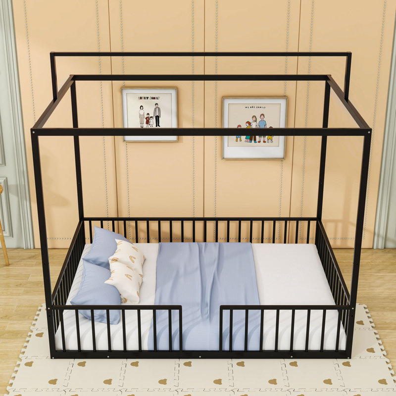 Metal Floor Bed With Slats, Black, Full