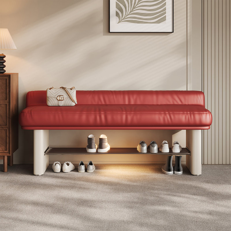 Banc en cuir véritable 47,24 po rouge et crème avec lumière intégrée, H 23,62 po x l 47,24 po x P 15,75 po