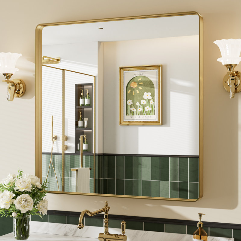 Miroir de salle de bain mural Llesenia, 36 po x 36 po, Or brossé, Carrée