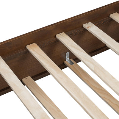 Grand lit plateforme avec lit gigogne simple TG et 2 tiroirs de rangement, lit en bois classique avec tête de lit à broche, noyer