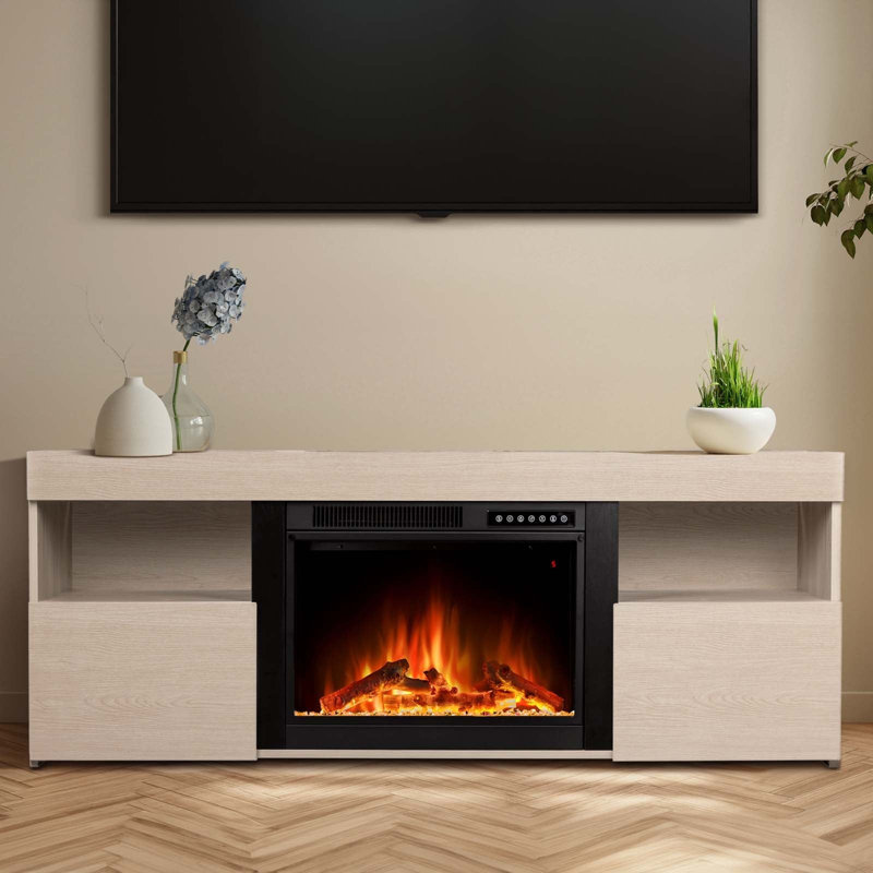 60‘’ Electric Fireplace TV Stand with Remote Control, 4 Flame Colors, 12 Crystal Colors with Auto-Glow, 3D Adjustable Flame, Sleep Timer, and Safety Protection Features.