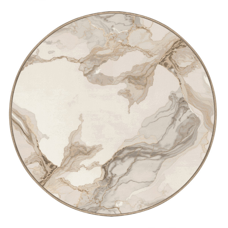 Soft Plush Eberhard Posh & Luxe Marble Area Rug in Beige – Beige Binding, 7' Round