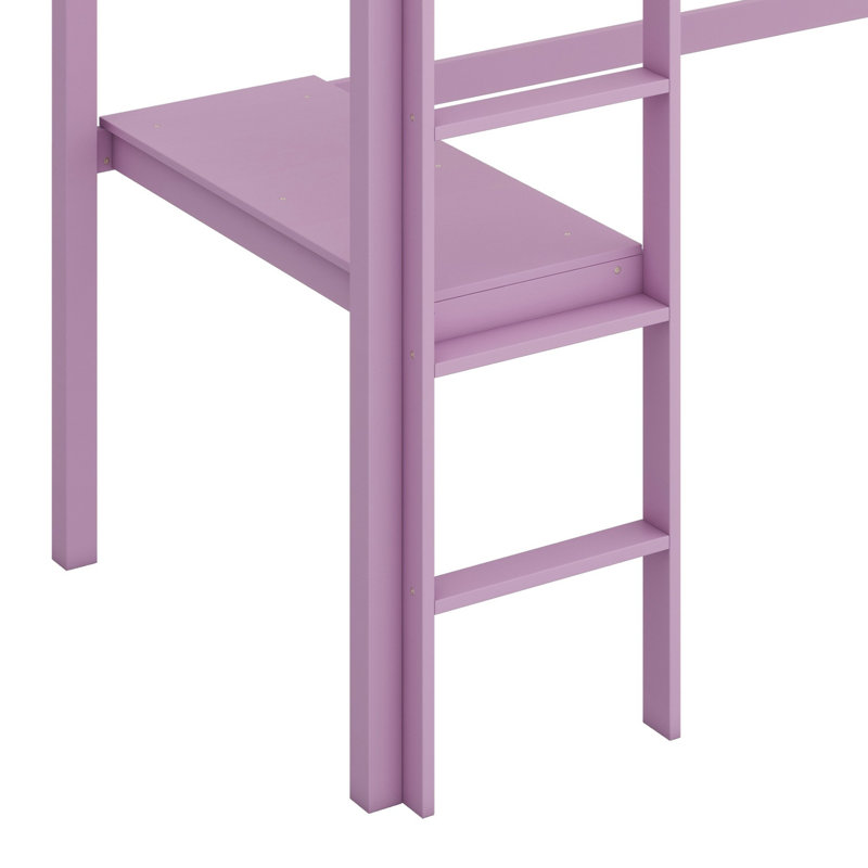 Keean Twin High Loft Bed, Rubber Wood Loft Bed With Safety Guardrail, Built-In Desk, Ladder, Pink
