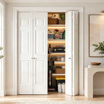 Bifold Closet 6 Panel Shaker Style Interior Pantry Door White with Hardware Kit Handle & Lock Hollow Core Space Saving Folding Door