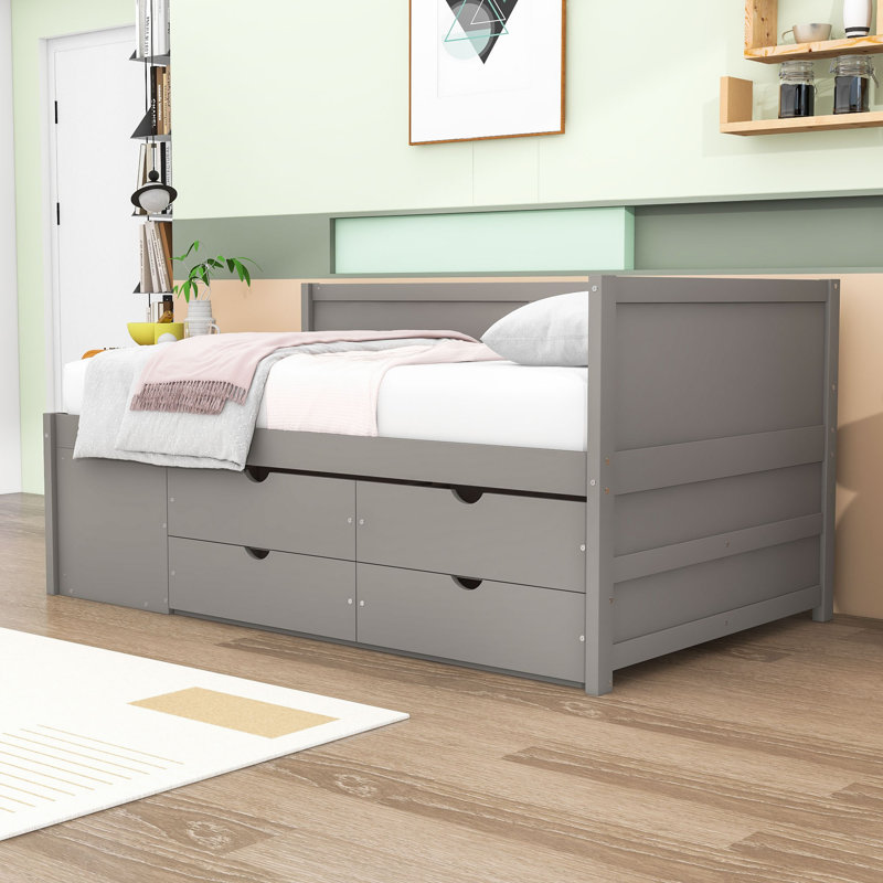 Daybed with Pull-Out Drawers and Shelves, Gray, Twin