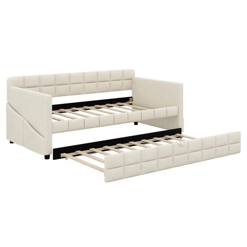Lit de jour peu encombrant avec lit gigogne escamotable et 4 poches de rangement latérales, Beige