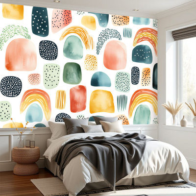 Papier peint adhésif peler et coller Boho Rainbow Mignons points colorés Irrégulier Blobs Motifs arqués Dot Autocollant Papier contact amovible pour décoration de salon H 69 po x l 96 po