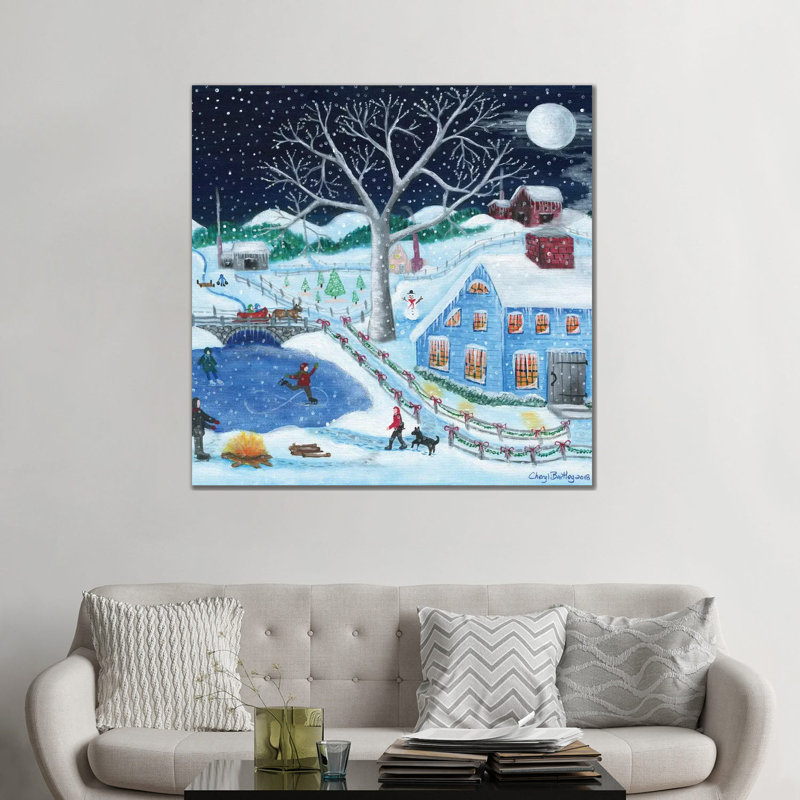Impression d’art graphique, "Ice skating’par Old Farm par Cheryl Bartley, H 48 po x l 48 po x 1,5 po, Toile tendue