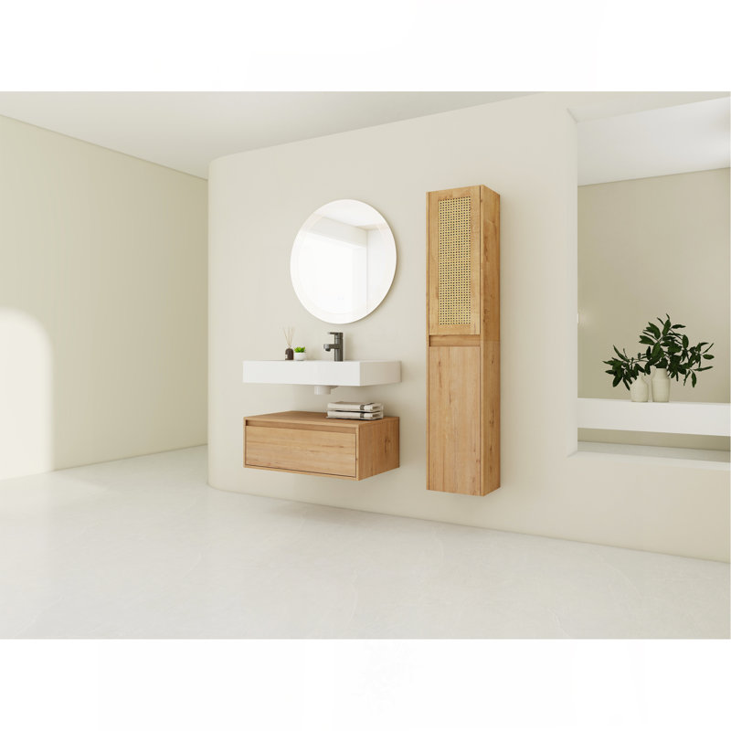 Meuble-lavabo mural 30 po avec lavabo en résine et armoire latérale, tiroir à fermeture en douceur (KD-Packing)