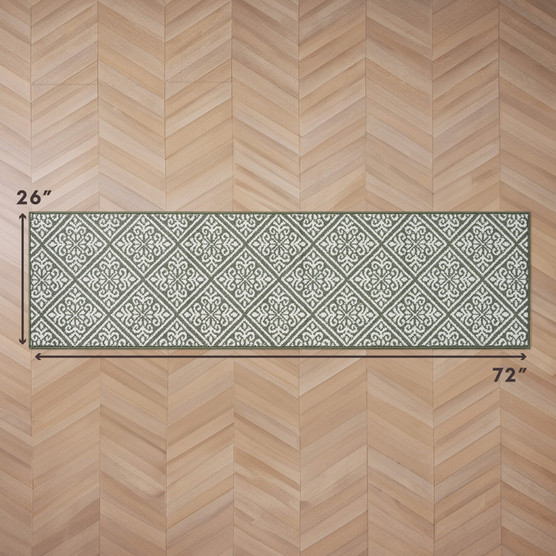 Austell Machine Woven Synthetic Geometric Area Rug in Green/White, Runner 2'2" x 6', Natural/Sage