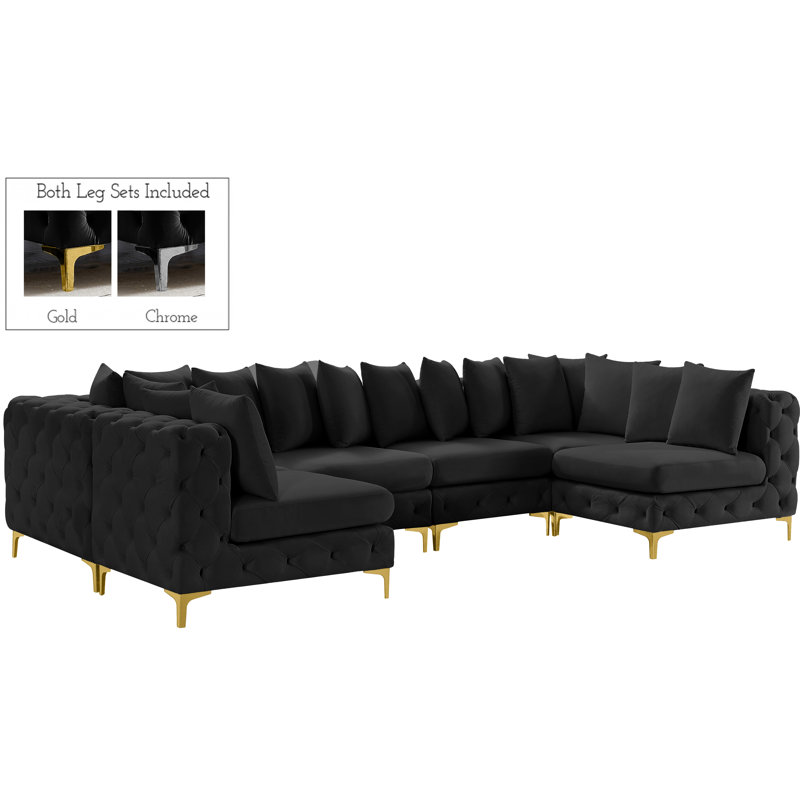 Tremblay 138" Wide Velvet Symmetrical Corner Sectional, Black Velvet