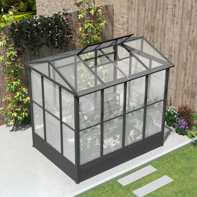 Outdoor Aluminum Frame Greenhouse with Automatic Vent and Polycarbonate Panels, 93.84" H x 96" W x 79.20" D