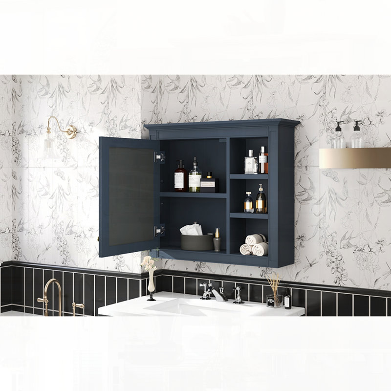 Armoire à pharmacie murale à miroir avec tablettes ouvertes, Bleu