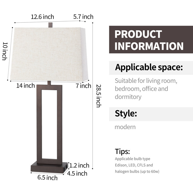 Jalob 28.5 in. Metal Table Lamp Set with USB,Type-C Ports and Built-in Outlet, Brown