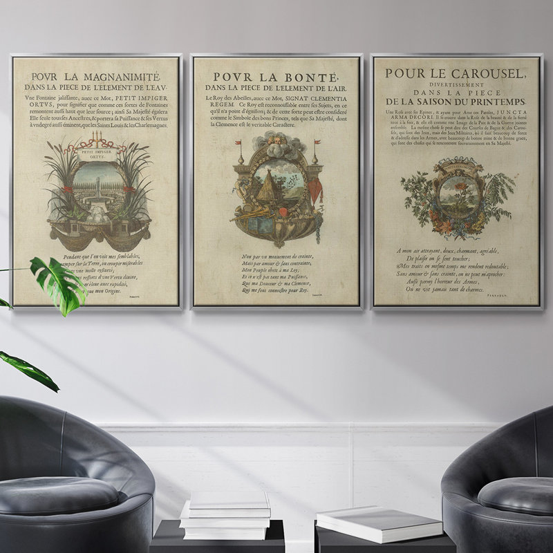 Ensemble de 3 ex-libris encadrés sur toile embellis II, Encadrement argenté, H 40 po x l 78 po
