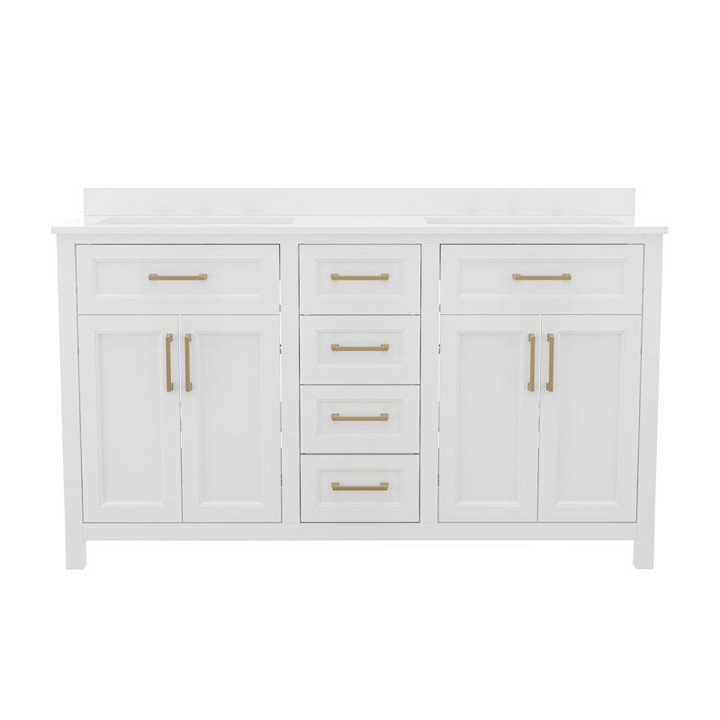 White Double Bathroom Vanity with Gold Hardware and Marble Top
