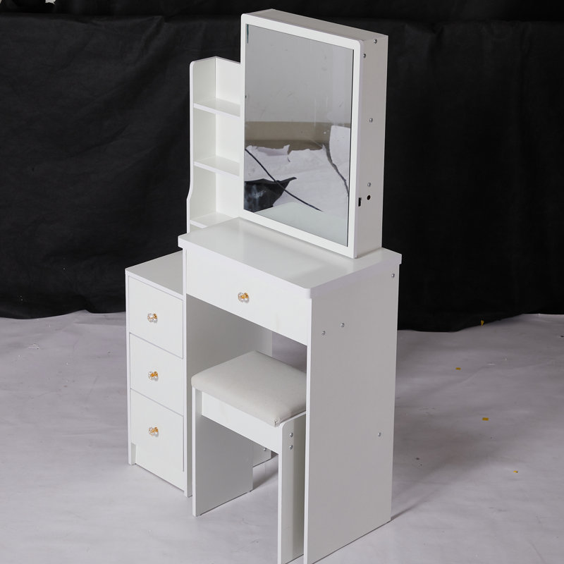 Left Bedside Vanity Table For Small Spaces, With Cushioned Seat & Extra Large Sliding Mirror, Multi-Layered Storage, Stylish White Dresser Compact Rooms Vanity, Comes Stool Multi-Layer Chic Spaces
