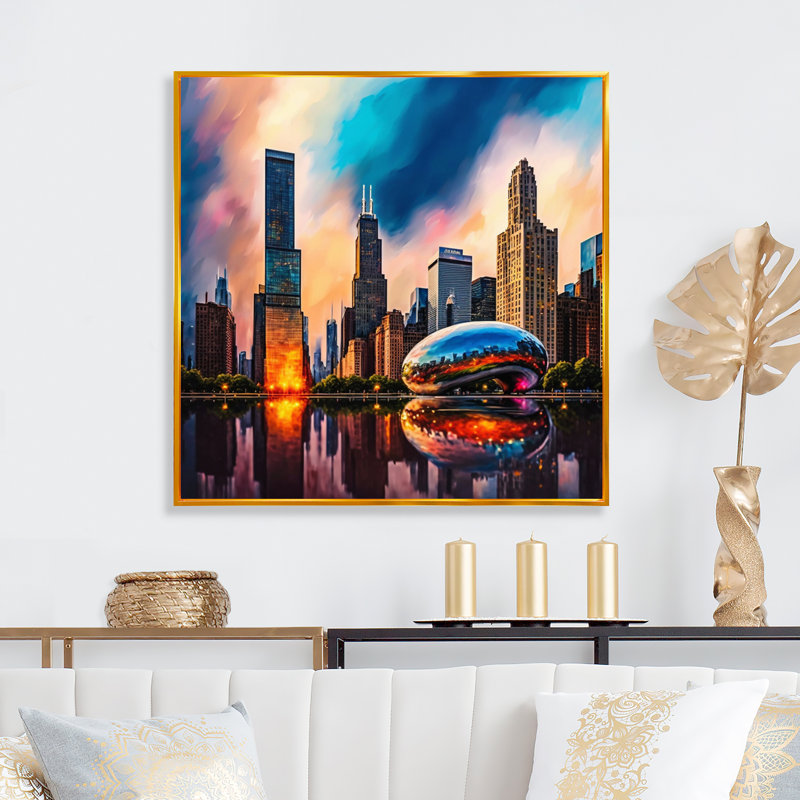 Chicago City Architecture II - impression sur toile, H 36 po x l 36 po x P 1 po, Toile avec cadre flottant or