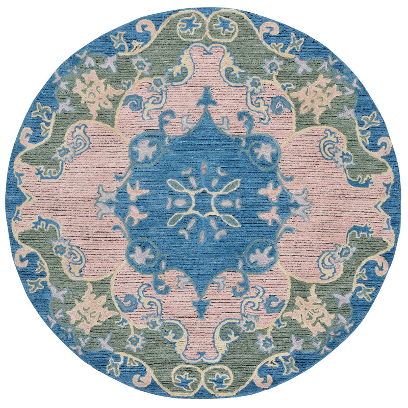 Savonnerie 402 Hand Tufted Wool/Cotton Oriental Indoor Use Only Rug in Blue/Pink, Round 6'