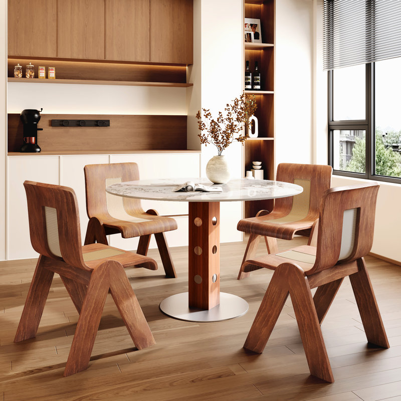 Table de salle à manger 4 places ronde, dimensions de 39,43 po, plateau en pierre frittée non poreuse et rayure, base en bois massif avec façade à pois, taille de piédestal de cuisine, couleurs noyer blanc, pierre, milieu