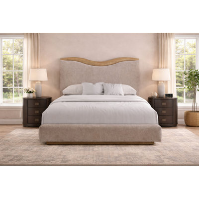Ensemble de chambre rembourrée 3 pièces Carstens avec tables de chevet ovales, chargement USB, tiroirs à fermeture en douceur, placage d'eucalyptus et tissu performant