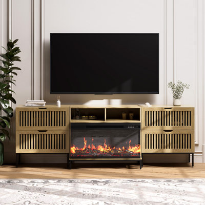3-sided Glass Farmhouse Fireplace Tv Stand For Tvs Up To 100 Inch, Entertainment Center With 36" Electric Fireplace, 4 Drawers Storage,oak