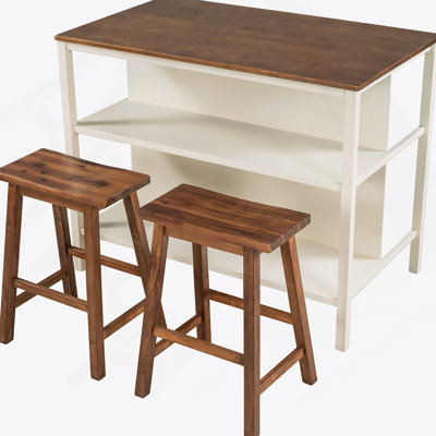 Solid Wood Rustic 3-Piece 45" Stationary Kitchen Island Set With 2 Seatings