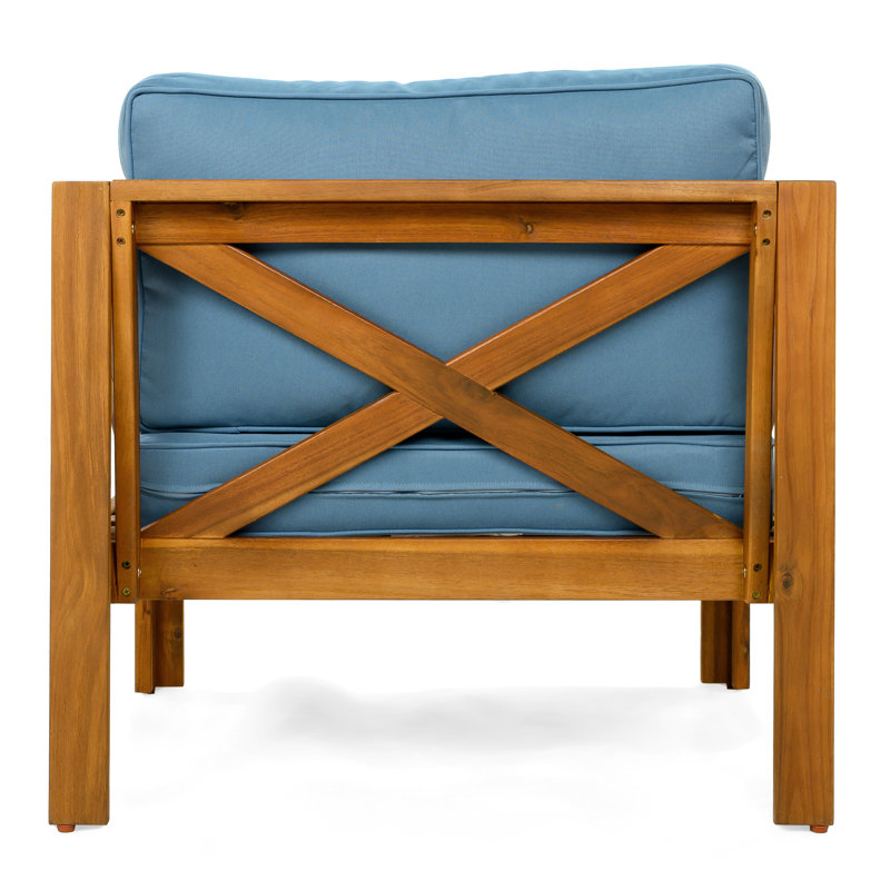 Fauteuil club bleu en bois avec coussin pour les espaces extérieurs, la finition et le coussin de siège spacieux, pour une utilisation confortable