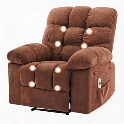 Fauteuil à bascule inclinable large avec massage et chauffage, revêtement ergonomique en lin rembourré, mécanisme d'inclinaison manuel respirant, télécommande et 2 poches latérales, idéal pour le salon ou la chambre, lin | brun
