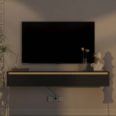 Meuble télé flottant, meuble télé mural avec lumières DEL et prise de courant, meuble télé cannelé pour meuble télé de salon