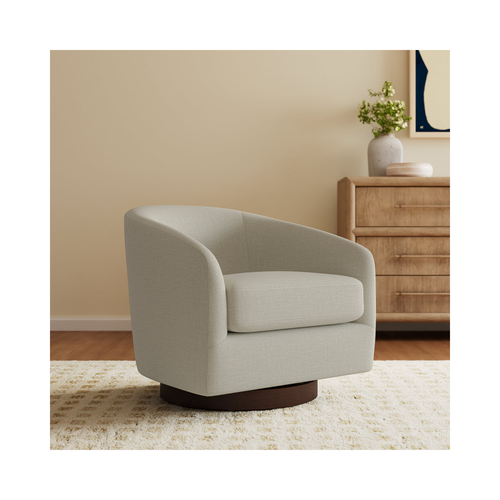 Bennett Upholstered Swivel Barrel Chair, Effie Linen Performance Linen