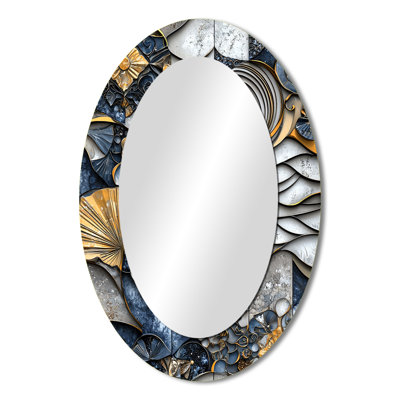 Blue And Grey Coastal Abstract Tiles II - Blue Modern Oval Wall Mirror